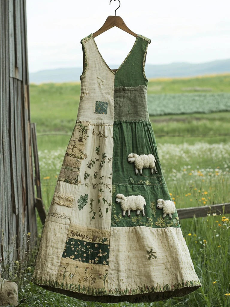 Sleeveless V-neck 3D-printed Fresh And Airy Dress