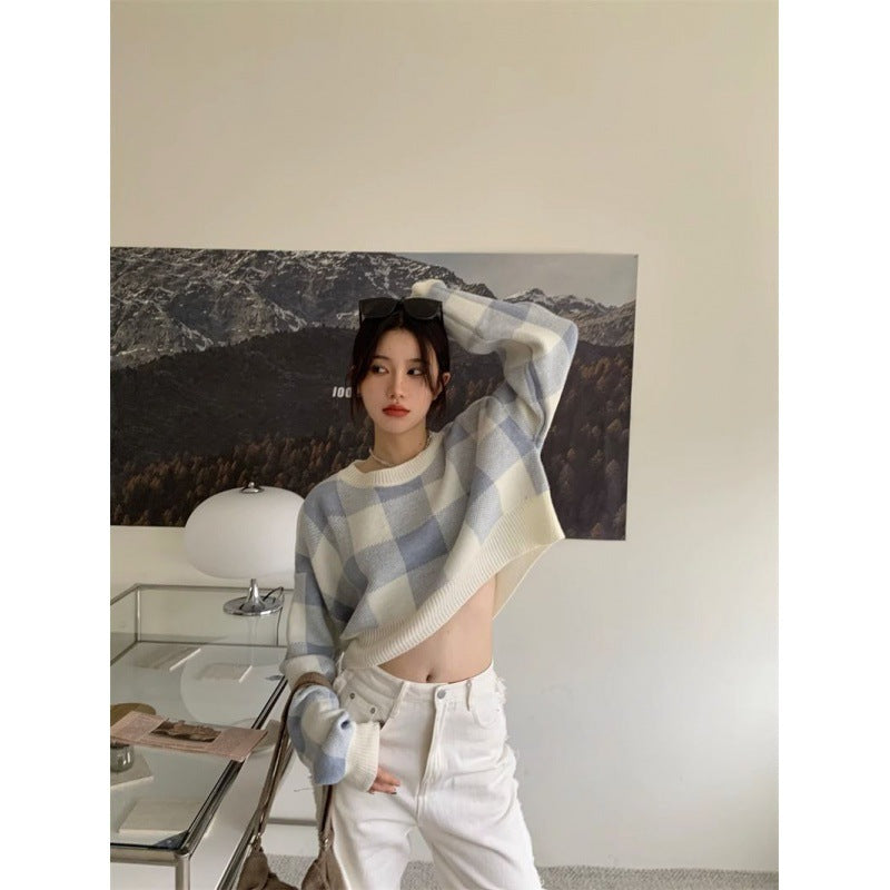 Dame, sød, alsidig kort sweater med tern