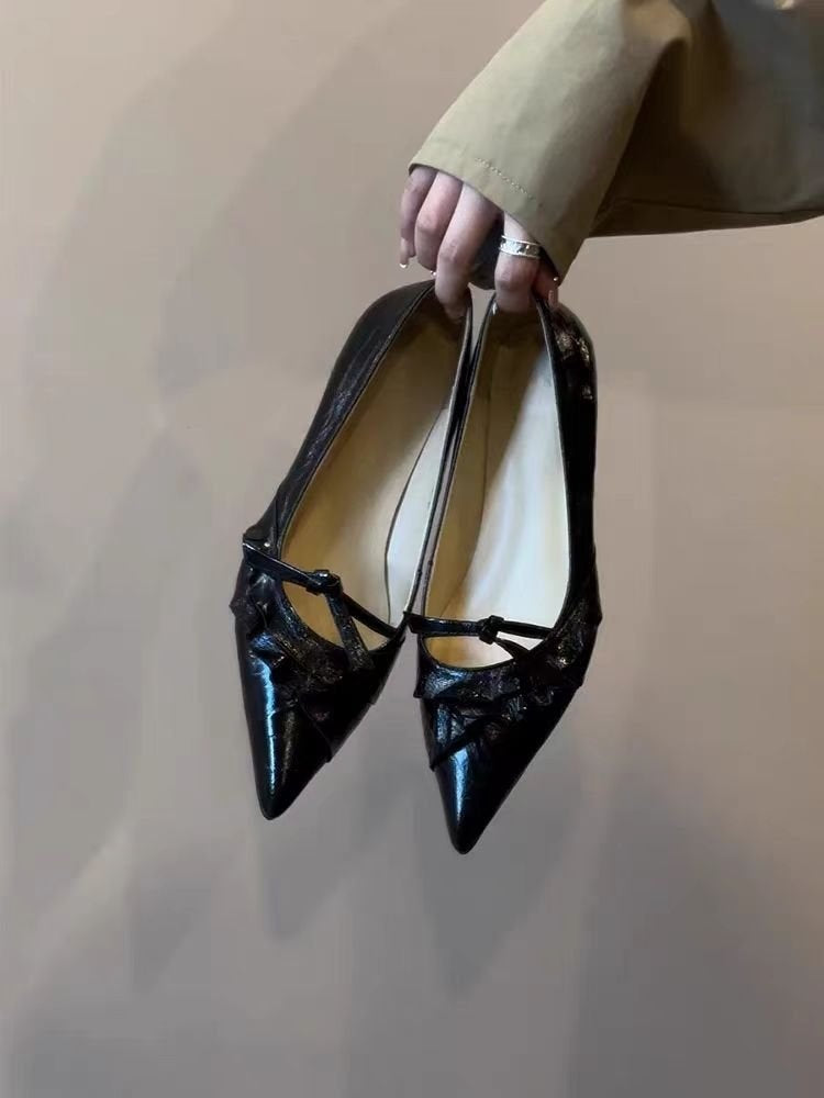 French Style Flats For Women, Pointed Toe Low Wedge Heel Elegant Versatile Bow Mary Jane Shoes