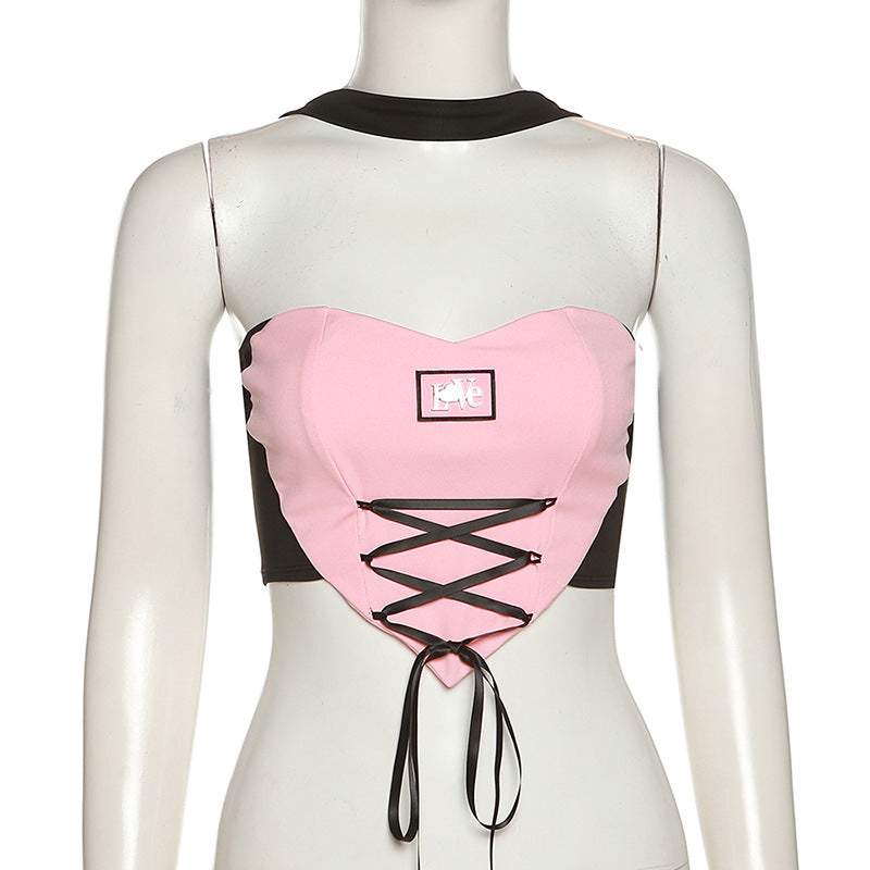 Fashion Color Contrast Lace-up Waist Backless Halter Vest