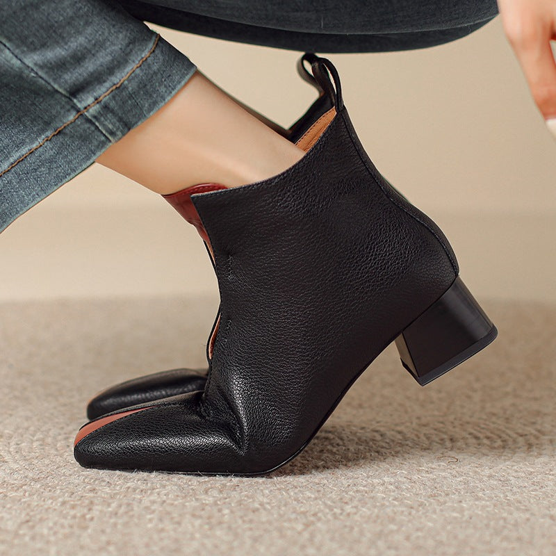 Womens Retro Square-Toe Sheepskin Chunky-Heel Ankle Boots