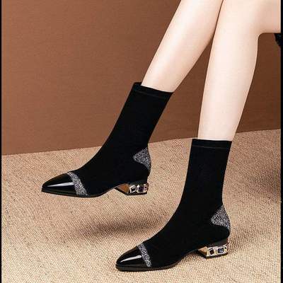 Women's Rhinestone Pointed Toe And Velvet High-heeled Ankle Boots