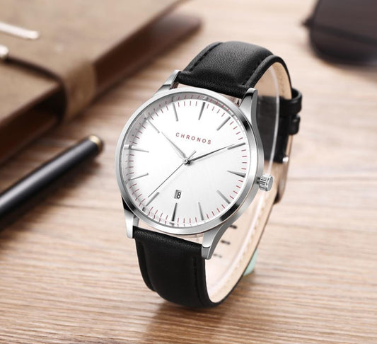 Men's Business Watch Vacuum Plating Stainless Steel Leather Strap Calendar Waterproof Watch