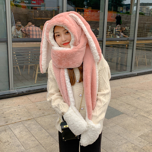 Women's Fashion Cute Rabbit Ears Plush Hat Scarf Gloves One Three Pieces Set