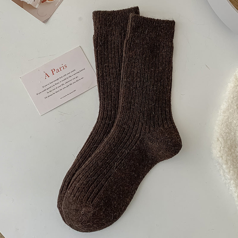 Solid-color Vertical-striped Wool Womens Socks For Fall And Winter