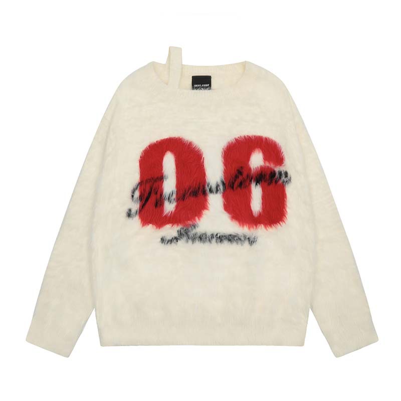 American High Street Letters And Numbers Jacquard Artificial Mink Hair Soft Glutinous Sweater For Women