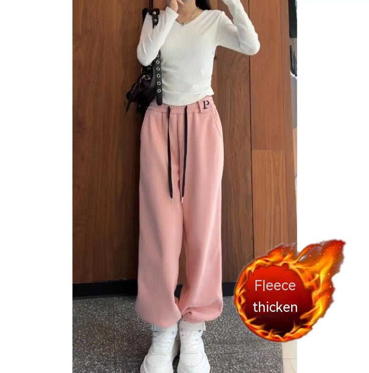 New Letter Embroidery Candy Color Fleece-lined Thick Track Pants