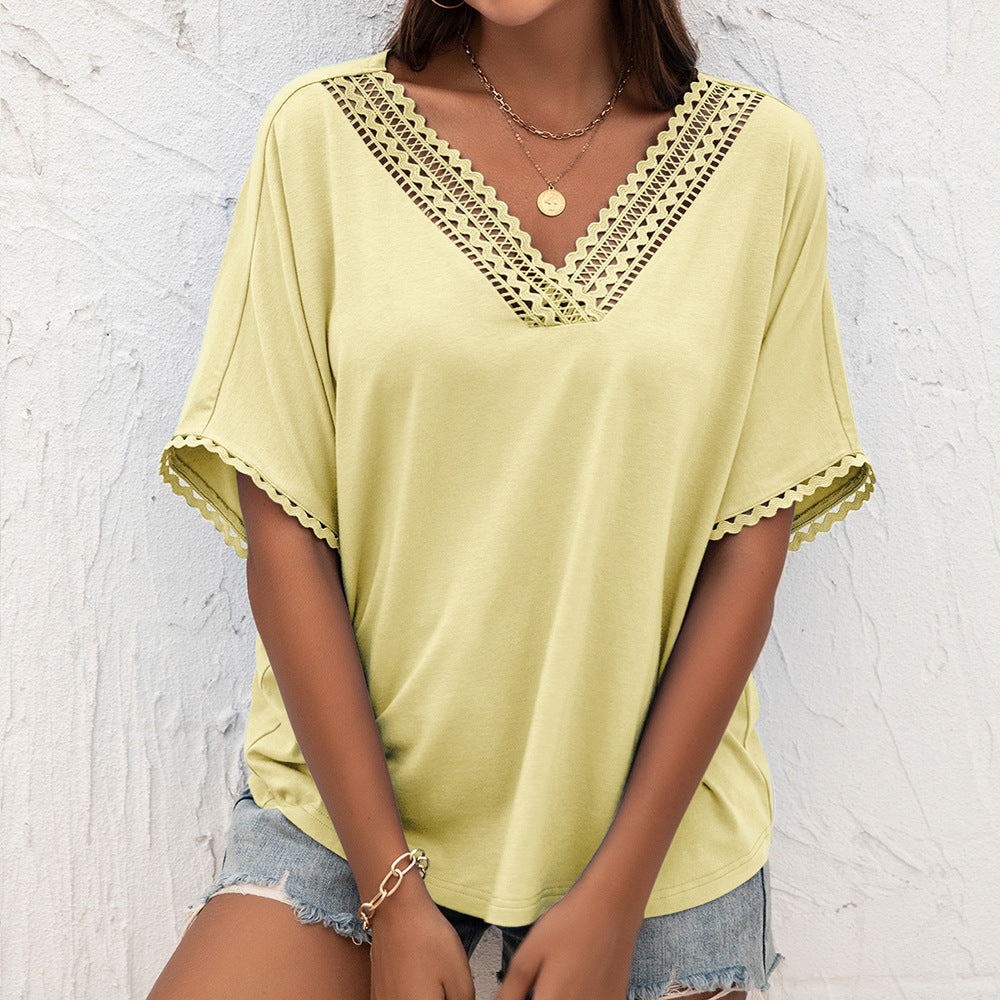 Summer New Hollow-out Splicing V Collar Loose Sweater