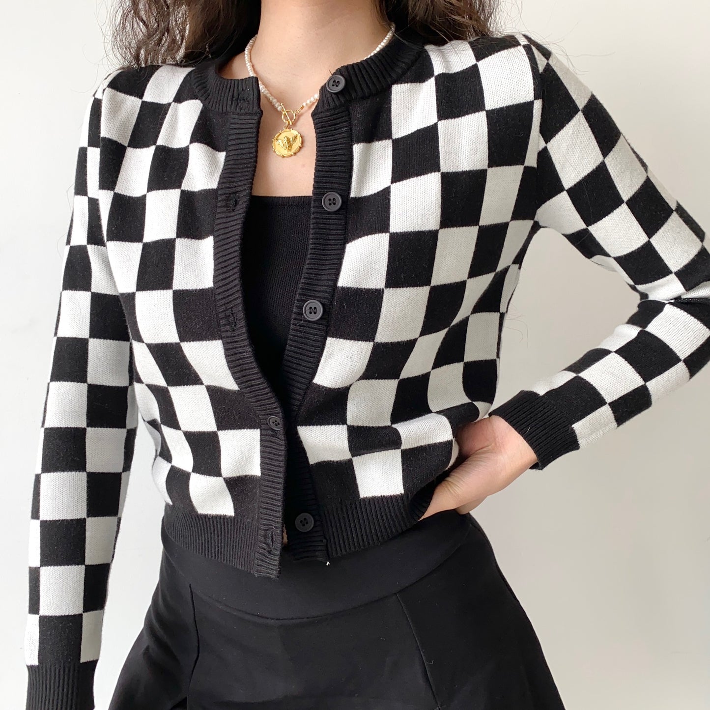 Vintage Black And White Check Knit Cardigan