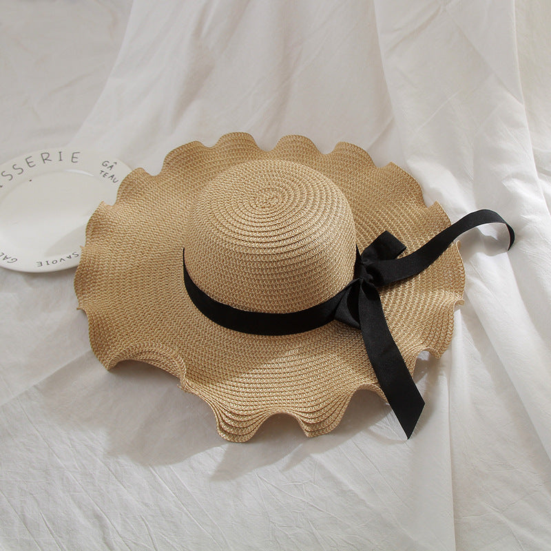 Bow Wavy Brim Hat Seaside Beach Ladies Foldable