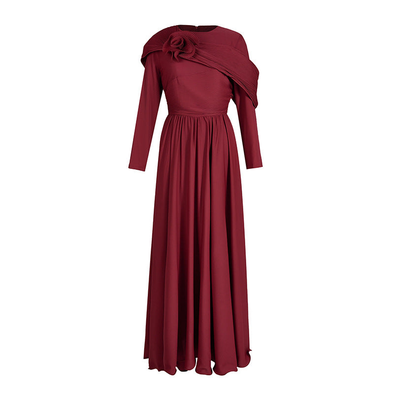 Round-neck Fitted-waist Patchwork Floral-patterned Solid Red Dress