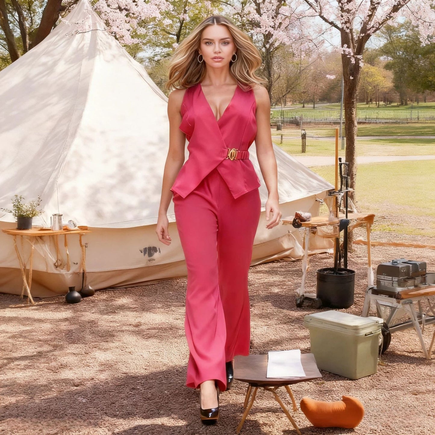 Casual-style Metal-buckle Belt Vest And Trousers Two-piece Set