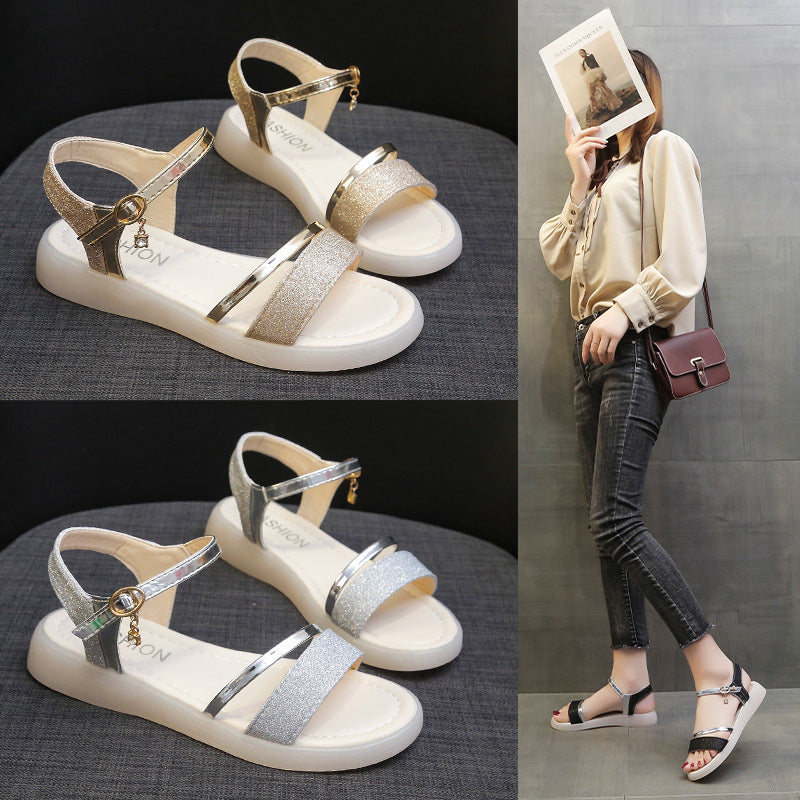 Slope-heeled Women's Thick Soles One-line Buckle Sandals