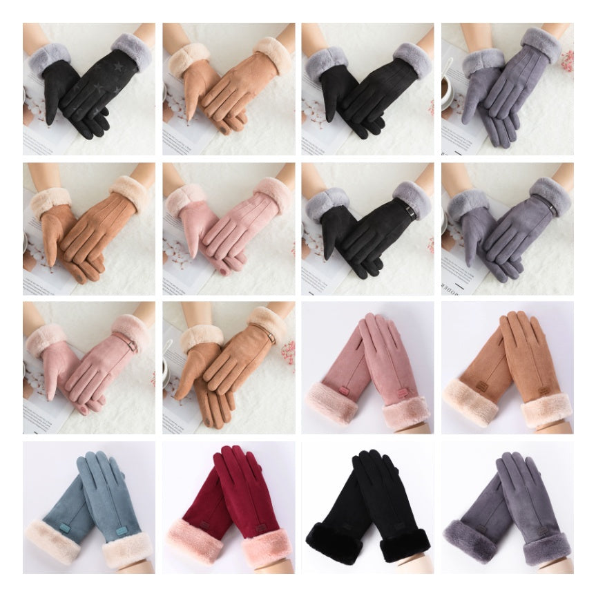 Suede warm gloves double layer plus velvet thick wind and cold riding touch screen gloves