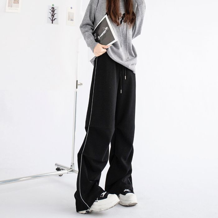 Womens Loose Straight-leg Wide-leg Pants With Reflective Stripes