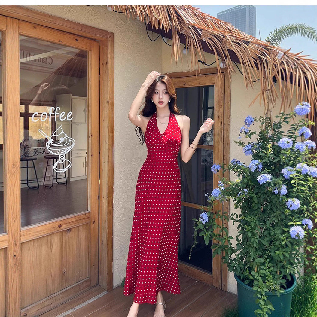 Mid-length Polka Dot Summer New Slim-fit Figure-flattering Sexy Backless Dress For Women