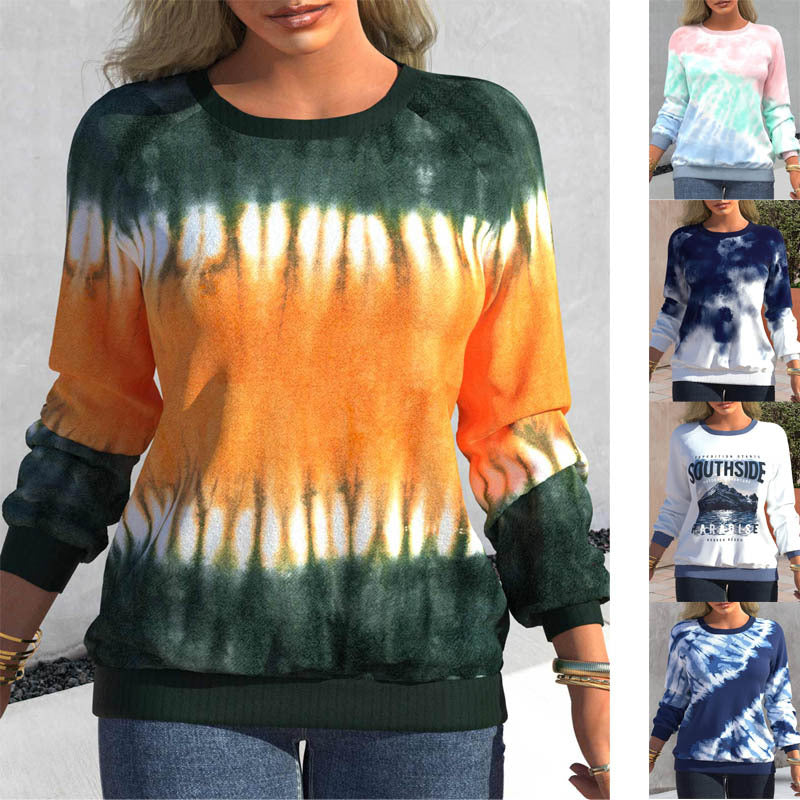 Dame Batikprint Rund Hals Raglan Afslappet Løs Sweatshirt