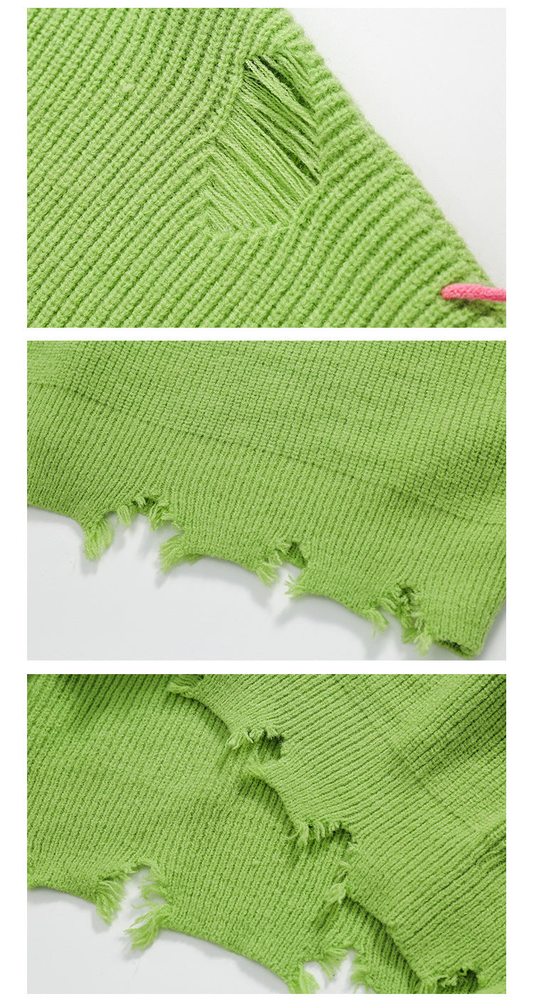 High Street Hip Hop Contrasting Color Embroidery Ripped Green Sweater