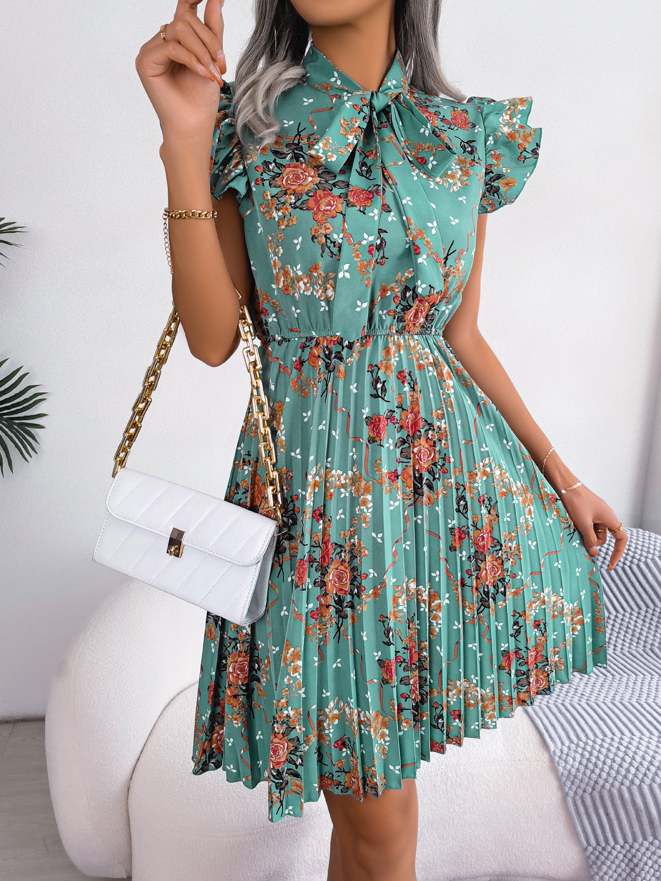 Women's Elegant Floral Print Tie Waist Flowy Pleated Skirt