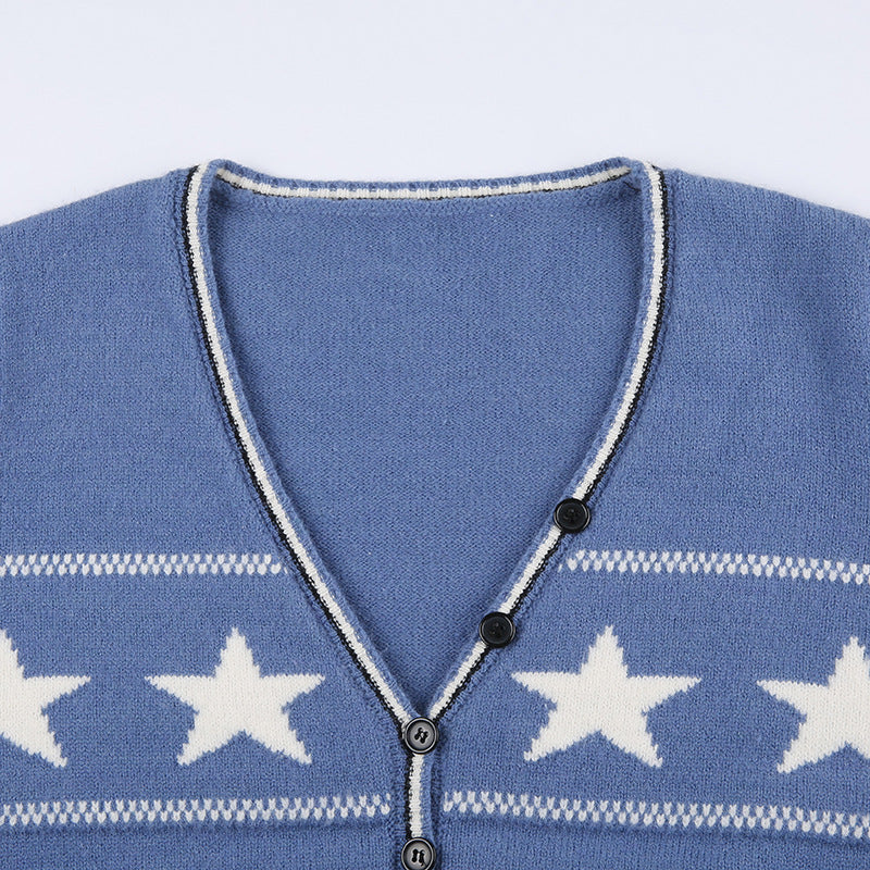 Vintage Star Woven V-Neck Button Cardigan Academy