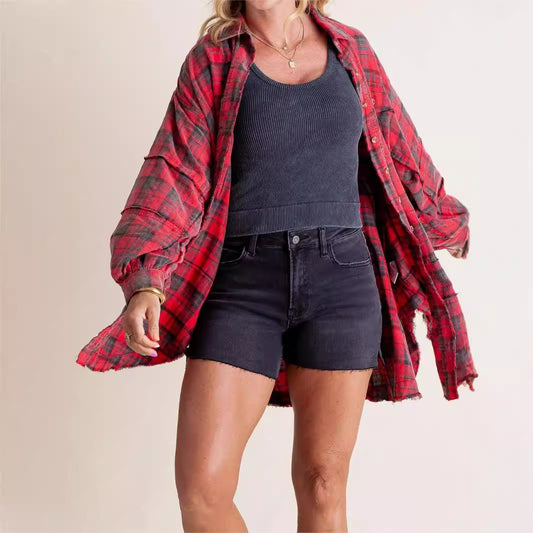 Tassel Long Sleeve Top Loose Casual Plaid Shirt Coat