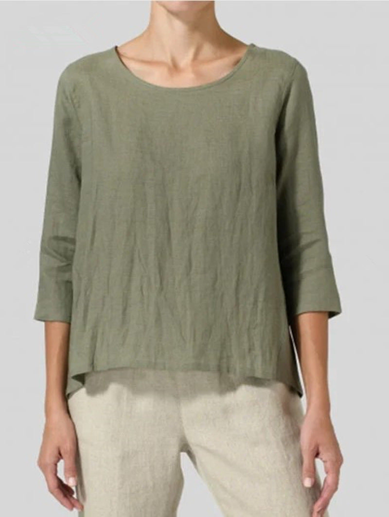 Cotton And Linen Plus Size Women's Clothing 34 Sleeve Casual Loose-fitting T-shirt