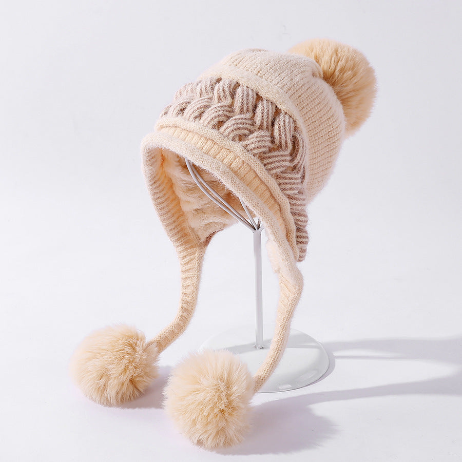 Color-blocking Twist Three-hair Ball Ear Protection Wool Hat