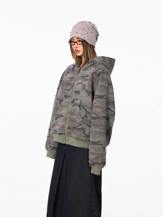 Retro Camouflage Hooded Sweater For Women Loose Cardigan Coat