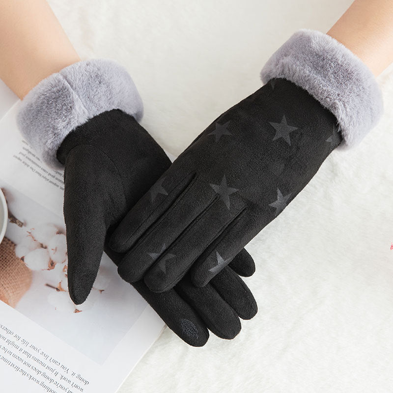 Suede warm gloves double layer plus velvet thick wind and cold riding touch screen gloves