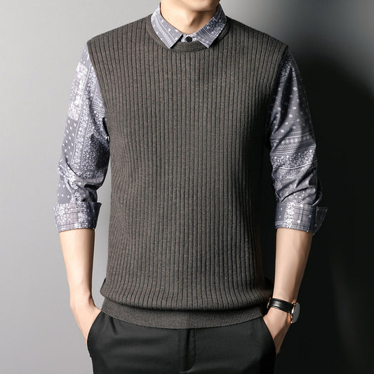 Autumn Men's Business Knitted Vest Stitching Top Fake Two Piece Sweater