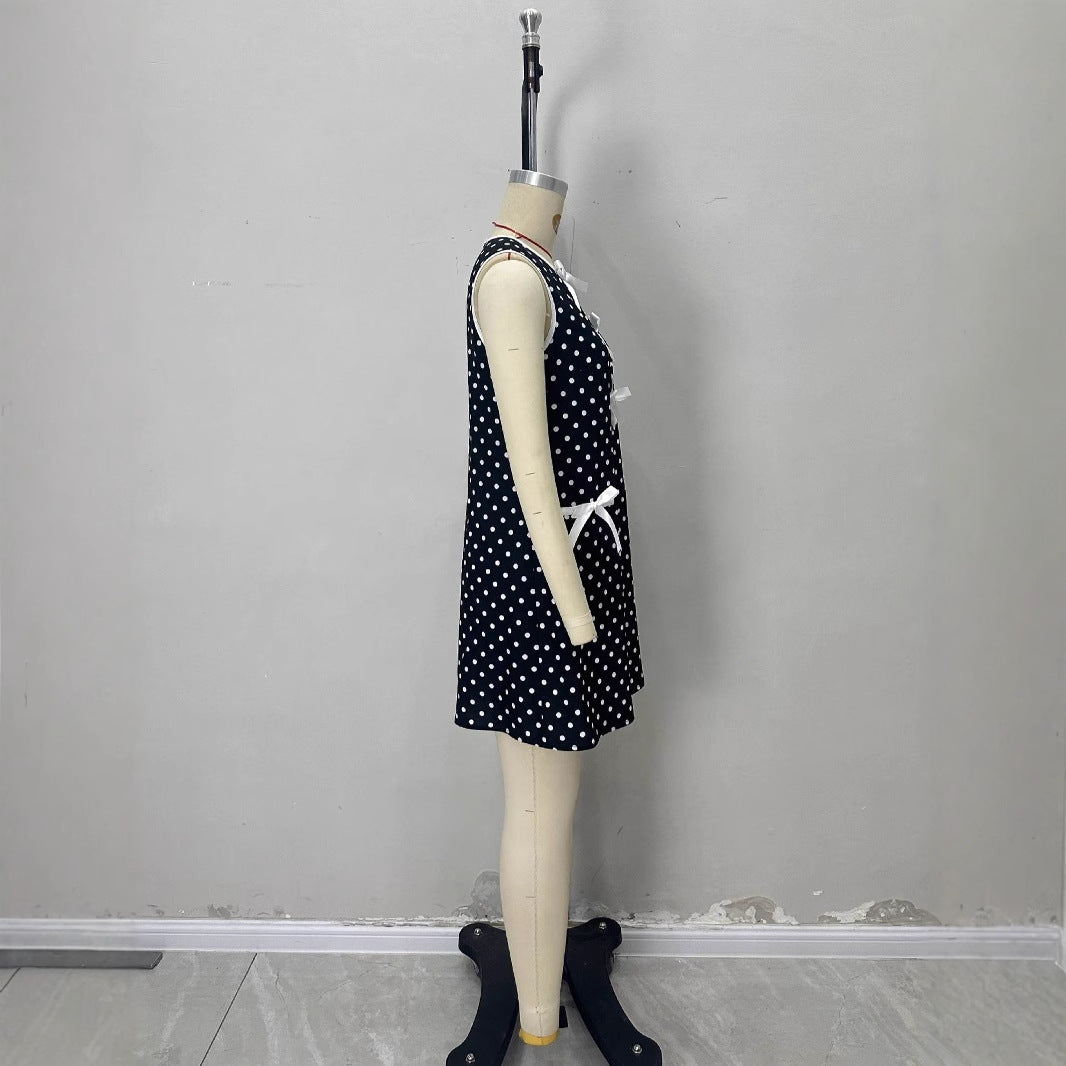 Minimalist Round-neck Loose-fitting Sleeveless Polka-dot Dress