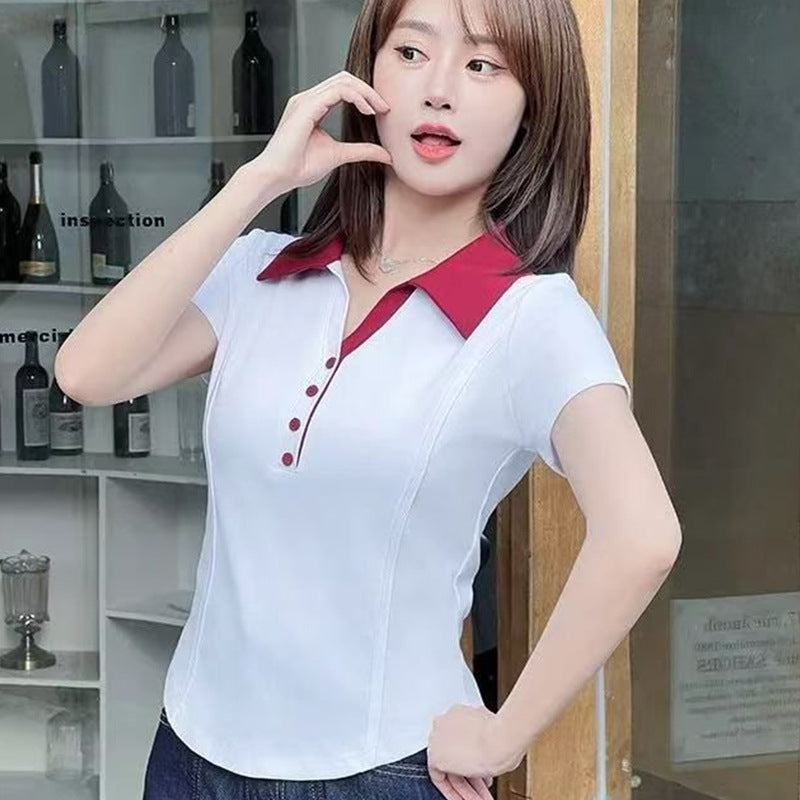 Womens Fashionable Slim-Fit Patchwork Button T-Shirt
