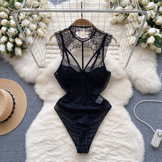 Autumn Lace Mesh Tight Design Retro Affordable Luxury Temperament Top Jumpsuit