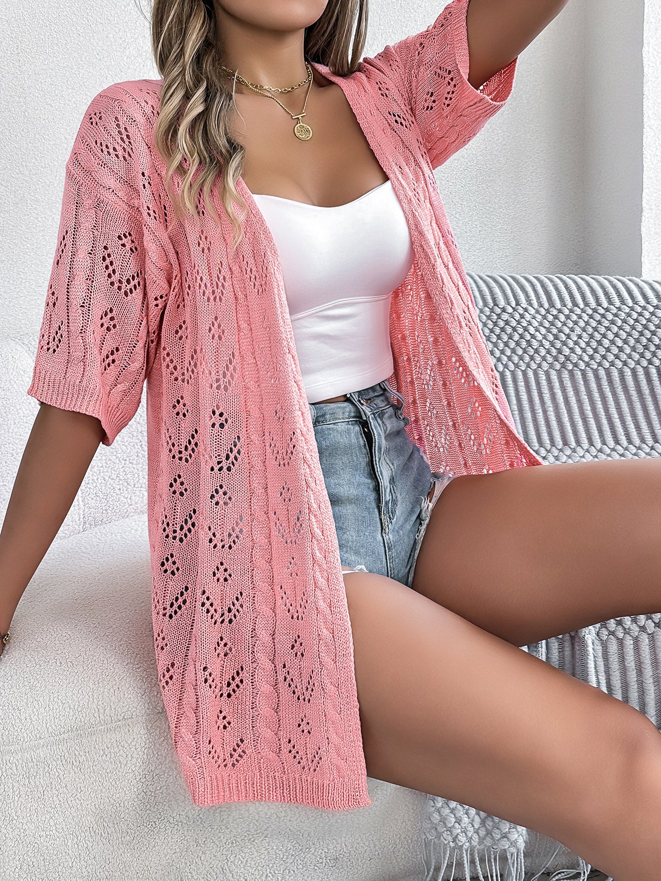 Women S Hollow Out Short Sleeve Knit Cardigan Vacation Cover-Up