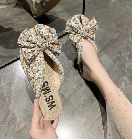 Baotou Bow Flat Slippers Women's Floral Beaded Sandals