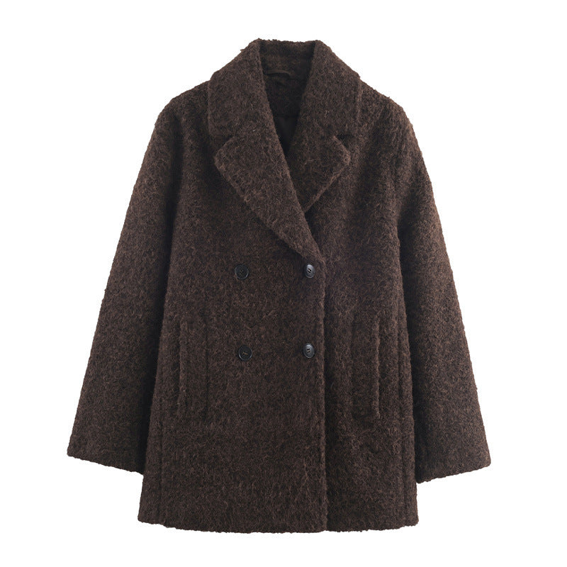 Autumn And Winter Loose Boucle Double-breasted Mid-length Coat