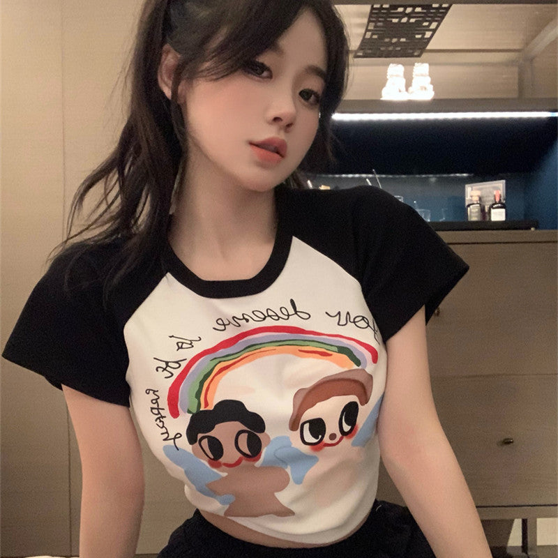 Women's Slim New White Cartoon Print Contrast Crew Neck T-Shirt