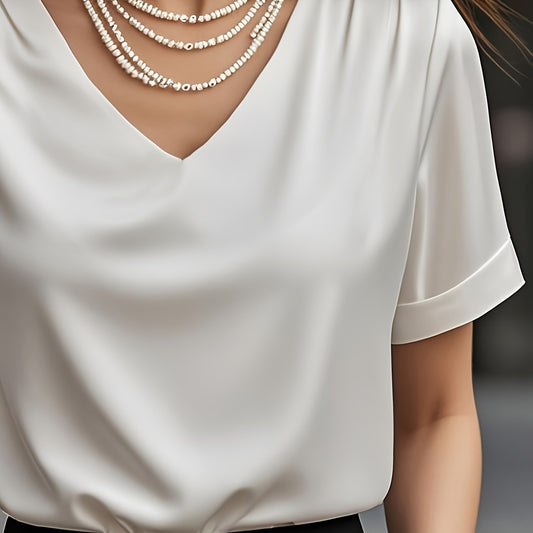 Summer Solid Color Pendant Small V-neck Short-sleeved Shirt Comfortable All-matching