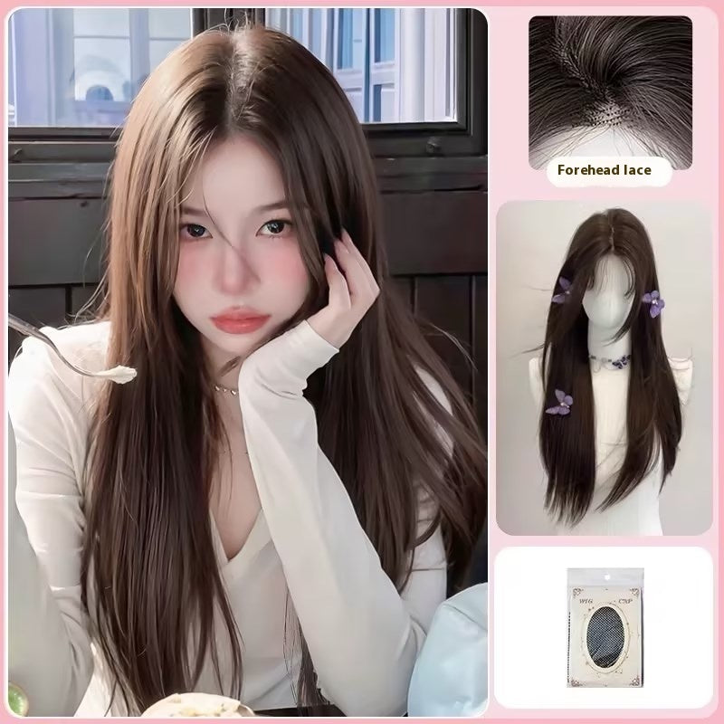 Breathable Mid-length Black Long Straight Forehead Lace Wig