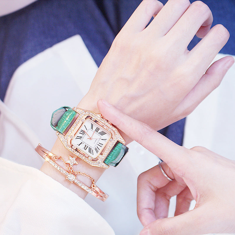 Square Dial Belt Quartz Watch + Star Bracelet