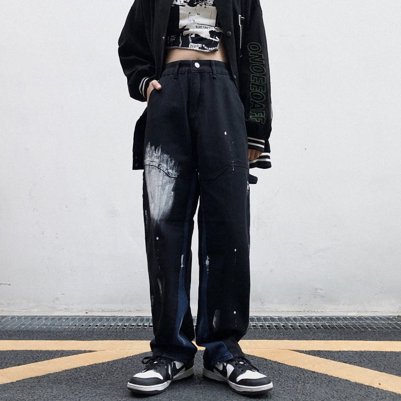 Harajuku-stil tie-dye-gradient spættede lige højtaljede jeans