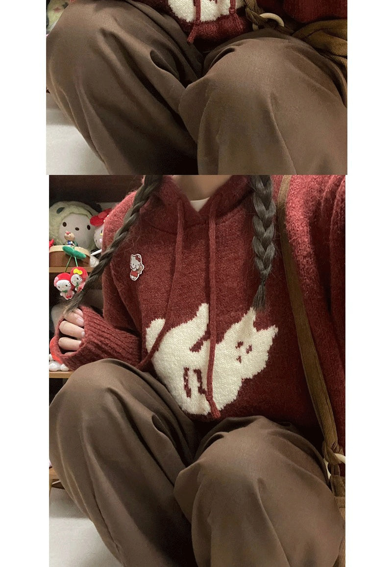 Retro Cartoon Cat Jacquard Hooded Sweater Lady