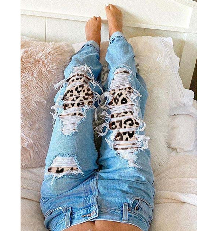 Women's Jeans With Ripped Leopard Print Look Thin
