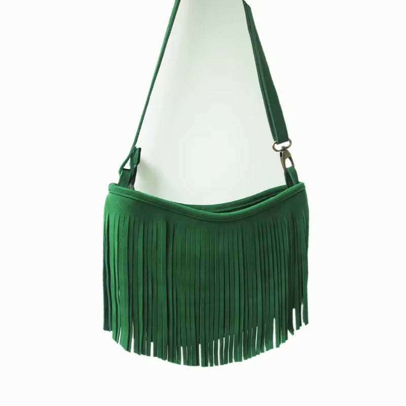 Women's Genuine Leather Suede Fringed Shoulder Bag - Fashionable Boho Chic Pouch for Street Style and Casual Outings