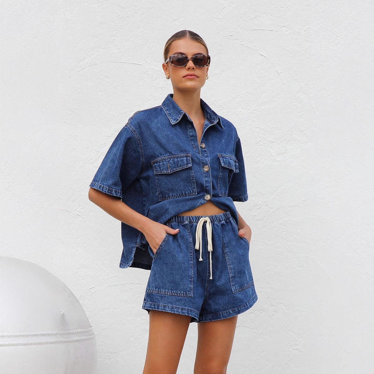 Retro Casual Loose Short-Sleeve Shirt And Shorts Denim Two-Piece Set