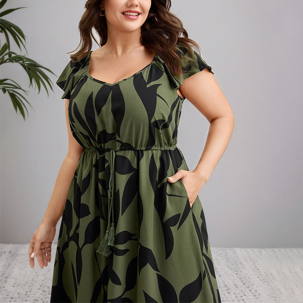 Floral Flutter-Sleeve Drawstring-Waist Maxi Midi Slimming Dress