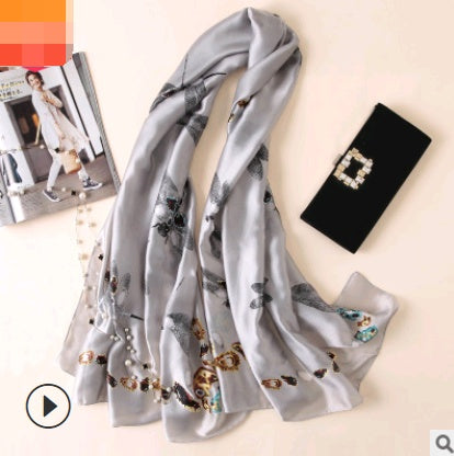 Spring, summer and autumn, new flowers, elegant and high-end artificial silk scarf, female decorative shawl, sunscreen beach towel