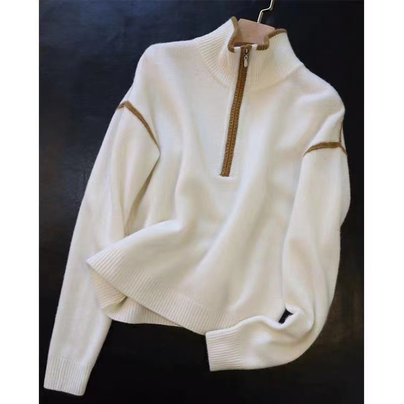 Stand Collar Zipper Loose Multicolor Fashion Sweater Women