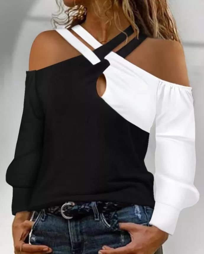 Black And White Patchwork Casual Fashion Cross Belt Women's Top