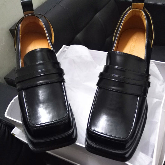 Women's British Style Retro Square Toe Platform Leather Shoes